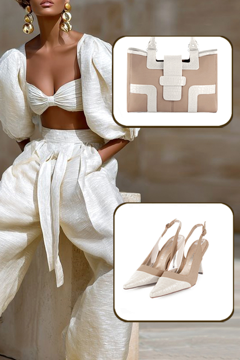 Dress slingback heels in off white and tan beige leather with high spool heels and pointed toe - Top view